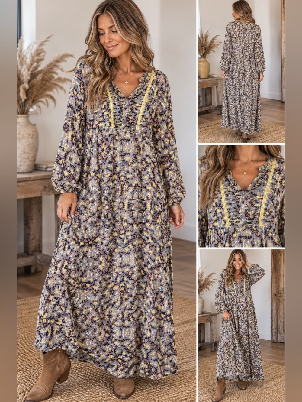 JW Los Angeles Large Boho Maxi Dress Abstract Print Long Sleeve Empire Waist